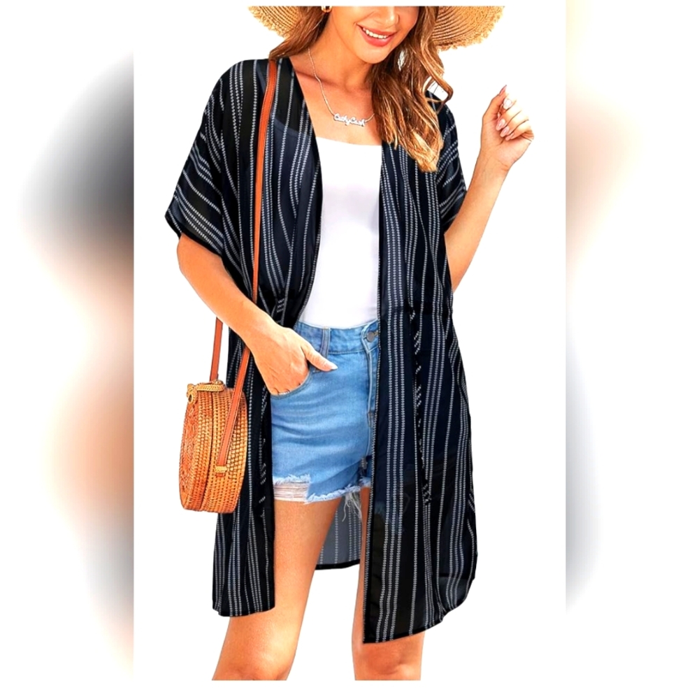 Women's Summer Beach Cover Up Casual Loose Floral Sheer Chiffon Kimono MEDIUM
